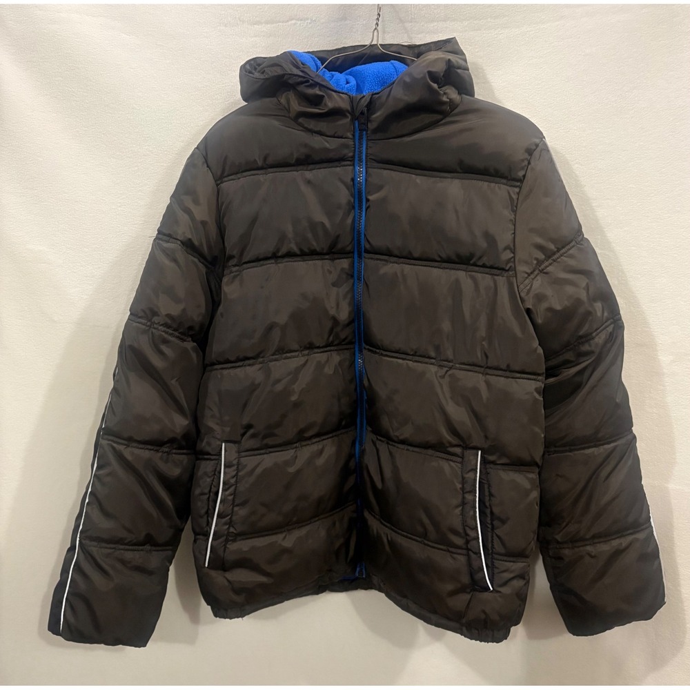 Hurley Kids XL Black Puffer Jacket Blue Fleece Lined Hooded Full Zip Coat